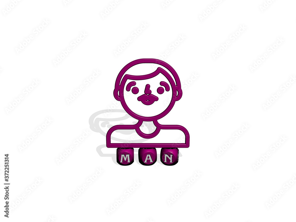man 3D icon over cubic letters, 3D illustration
