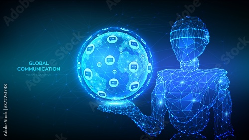 Global communication. Chatbot. Abstract low polygonal robot holding planet Earth globe with dialog speech bubbles icons. Worldwide communication and social media connection. Vector Illustration.