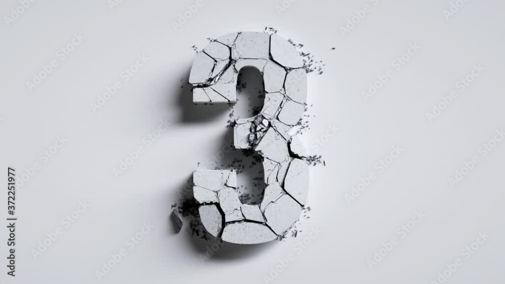 top five countdown, 3d concrete numbers from 5 to 1 fall down and brake, cracked stone isolated on white background