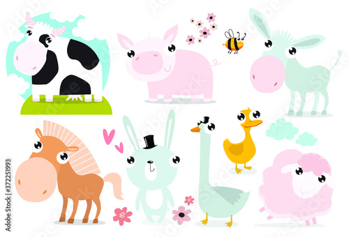Vector set with pets. animal farms. cow  pig  donkey  horse  rabbit  goose  duck  sheep  lamb. cartoon animals. cartoon characters