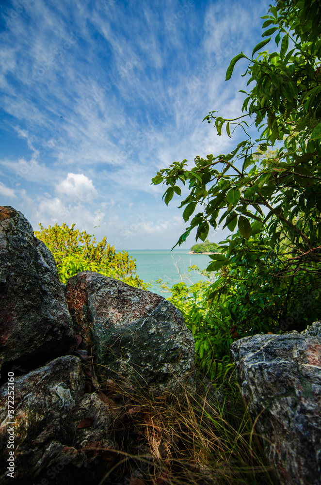 beauty in nature, tropical seashore view from hill top, under bright sunny day and cloudy sky beauty in nature, tropical seashore view from hill top, under bright sunny day and cloudy sky