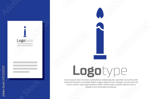 Blue Burning candle icon isolated on white background. Cylindrical candle stick with burning flame. Logo design template element. Vector Illustration.