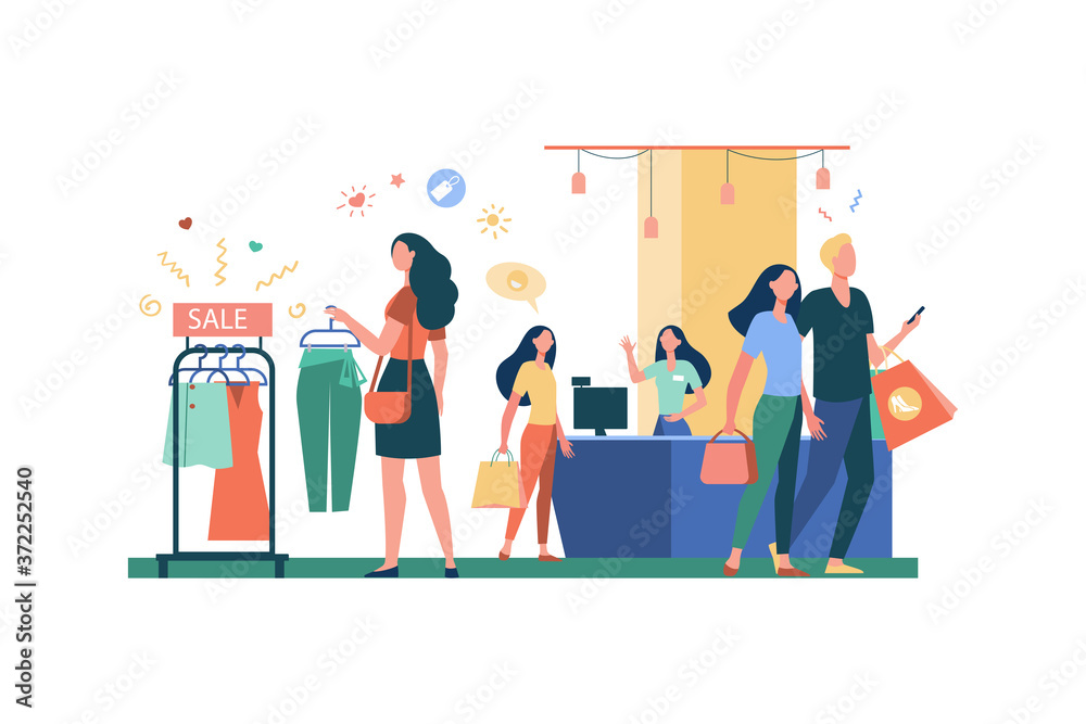 Women buying clothes in clothing store isolated flat vector illustration.  Cartoon girls and consumers choosing modern apparel, garment or dress.  Fashion shop and style concept Stock Vector | Adobe Stock
