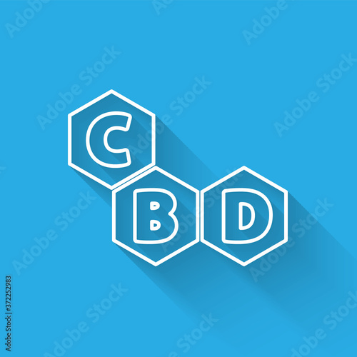 White line Cannabis molecule icon isolated with long shadow. Cannabidiol molecular structures, THC and CBD formula. Marijuana sign. Vector Illustration.
