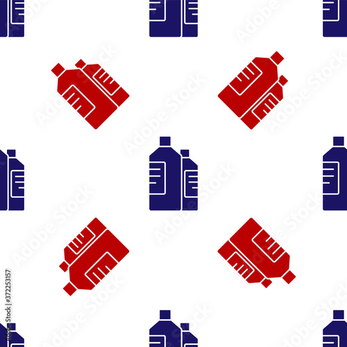 Blue and red Plastic bottles for laundry detergent, bleach, dishwashing liquid or another cleaning agent icon isolated seamless pattern on white background. Vector Illustration.