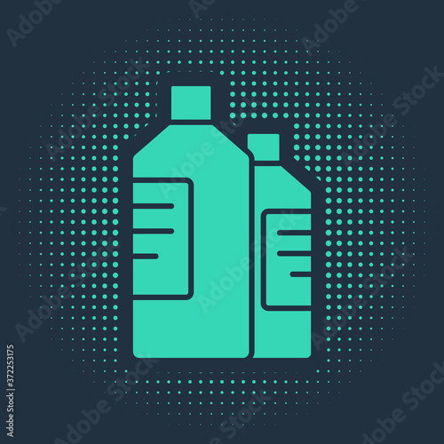 Green Plastic bottles for laundry detergent, bleach, dishwashing liquid or another cleaning agent icon isolated on blue background. Abstract circle random dots. Vector Illustration.