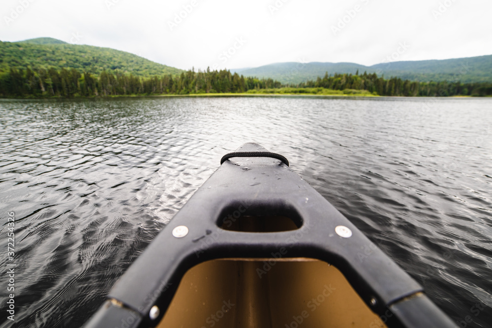 canoe on a lake in summer on a cloudy summer day - obrazy, fototapety, plakaty 