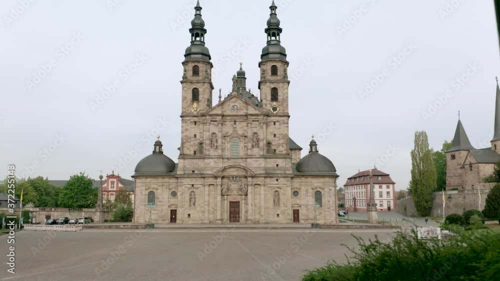 Fulda Cathedral Building Exterior Entrance Drone Shot Fulda Cathedral Building Exterior Entrance Drone Shot