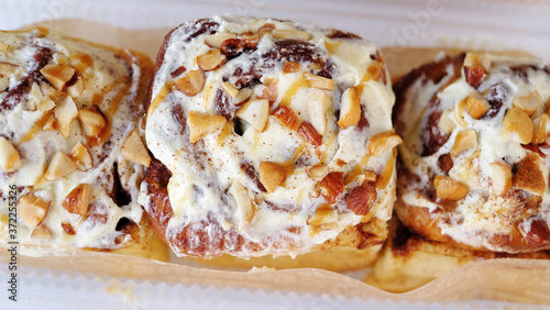 Home baking cinnamon rolls with sugar and spice sweet glazed and closeup for your happy tummy yummy food and snacks