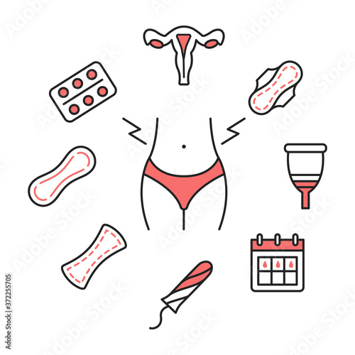 Circle banner with menstruation line flat icon. Can be used to illustrate feminine hygiene and health. Periods symbol red color