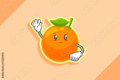 REALLY, ATTENTIVE, CURIOS Face Emotion. Waving Hand Gesture. Orange, Citrus Fruit Cartoon Drawing Mascot Illustration.