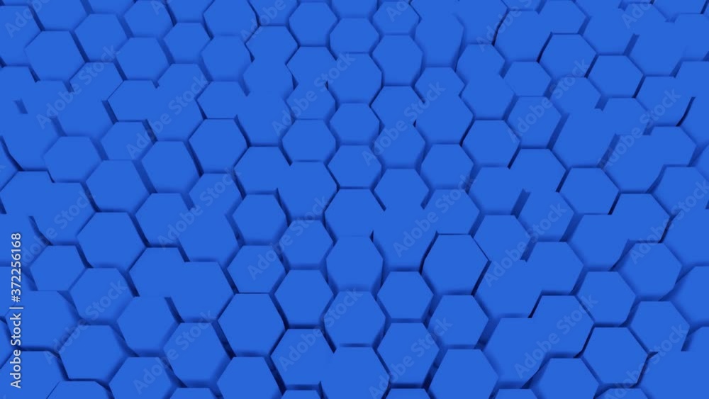 3d animation of blue digital background. The movement of numerous honeycomb-shaped figures.