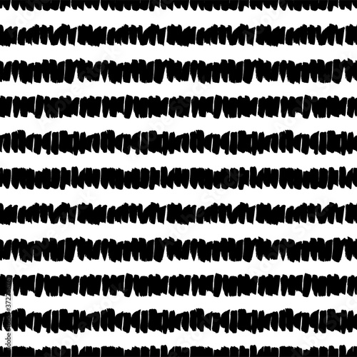 Grunge lines vector seamless pattern. Horizontal lines with vertical brush strokes, straight stripes or dashes. Black ink striped hand drawn background. Geometric ornament with brushstrokes.