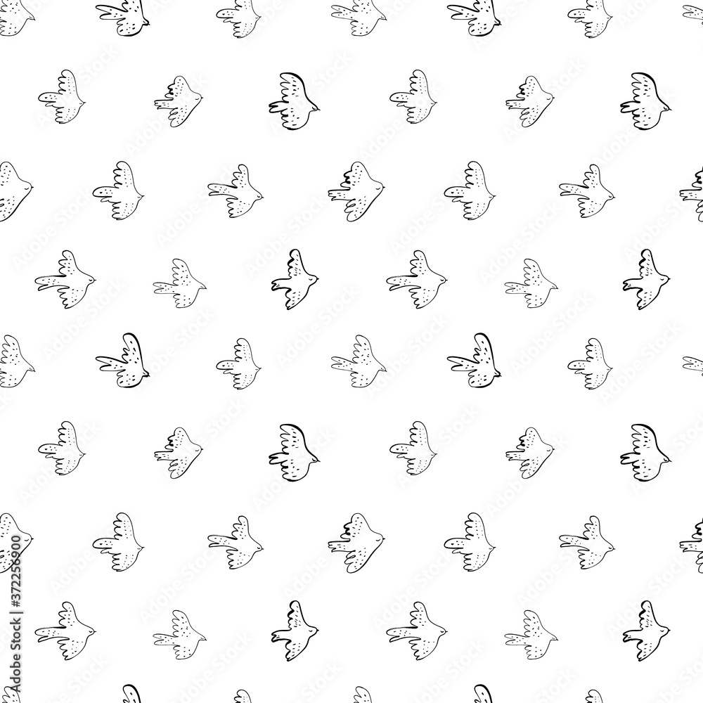 Seamless vector doodle pattern with black birds. Japanese abstract motif hand painted by brush. Monochrome flying birds, sparrows, swallows, crowns and seagulls. Line drawn sketch. Seamless vector doodle pattern with black birds. Japanese abstract motif hand painted by brush. Monochrome flying birds, sparrows, swallows, crowns and seagulls. Line drawn sketch.