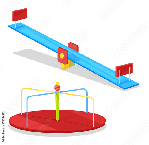 Carousel and seesaw for children to have fun and merriment. Riding merry go round on playground kids enjoying their childhood in vector illustration