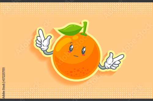 REALLY, ATTENTIVE, CURIOS Face Emotion. Double Forefinger Handgun Gesture. Orange, Citrus Fruit Cartoon Drawing Mascot Illustration.
