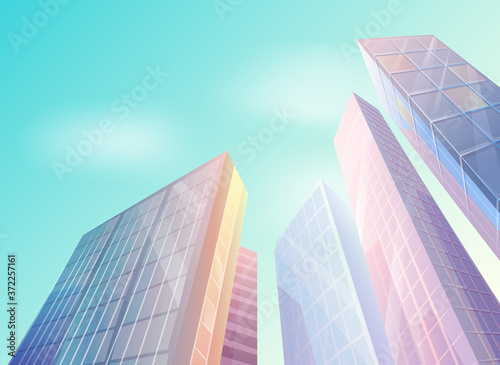 Skyscraper building in city space in flat style concept bottom view. Modern urban landscape city life illustration with house facades. Industrial constructions with apartments and office premises