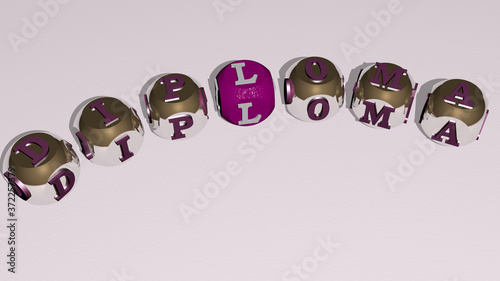 diploma curved text of cubic dice letters, 3D illustration for certificate and background photo