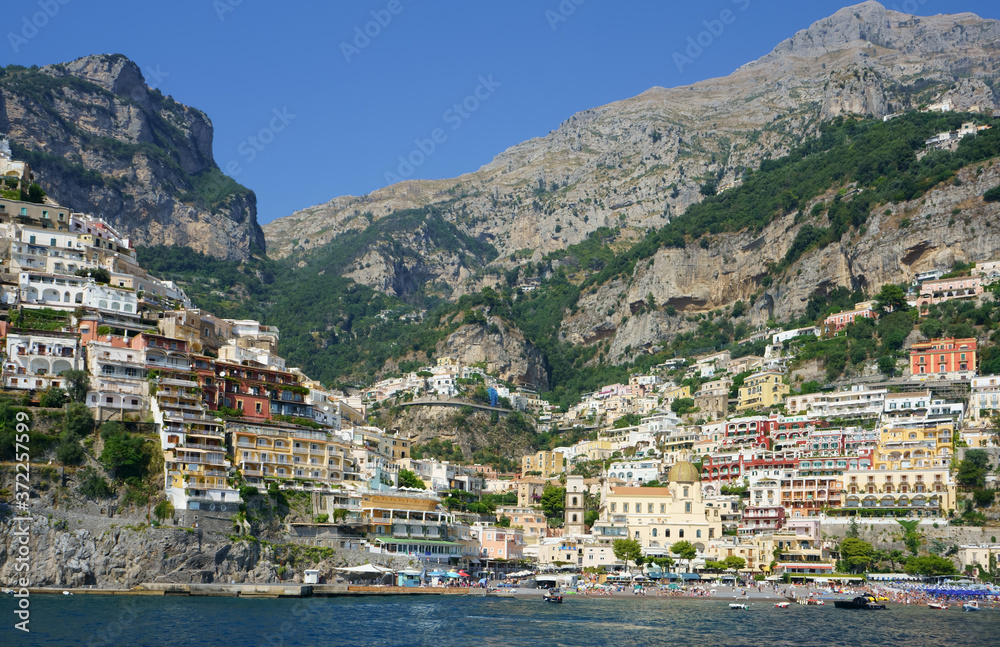 View of Positano village along Amalfi Coast in Italy in summer.