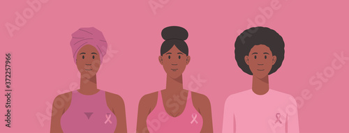 breast cancer awareness for support and health care concept, beautiful female African-American characters with a pink ribbon, vector flat illustration 