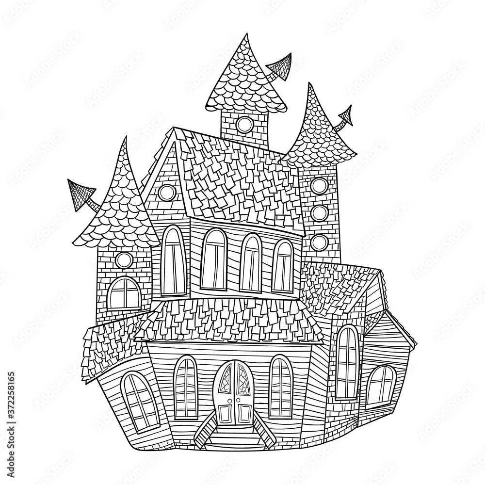 House in gothic style drawn in black outline isolated on white background, stock vector illustration for design and decoration. Halloween, sticker, template. Coloring Book