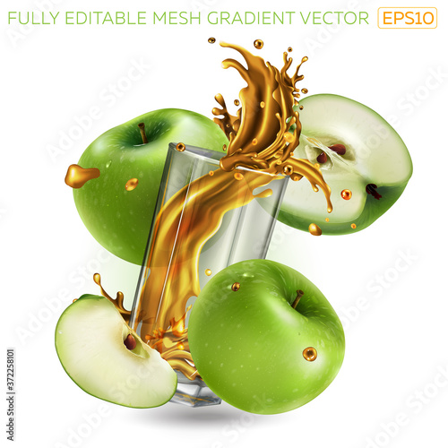 Green apples and splashing juice in a glass.