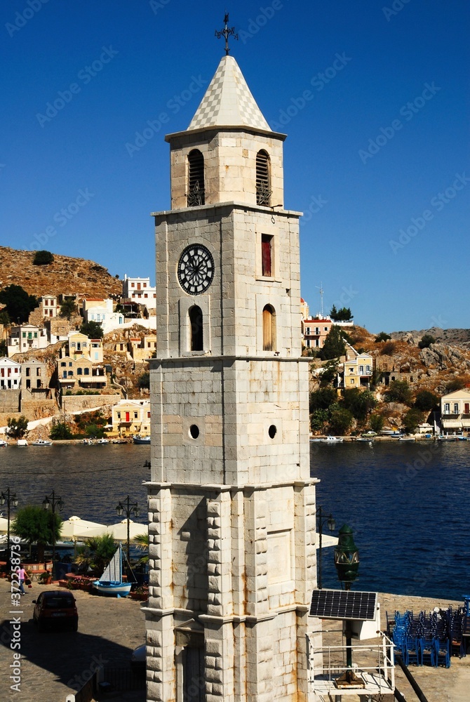 Greece, Symi island, clock tower at the port of Symi, September 28 2008.