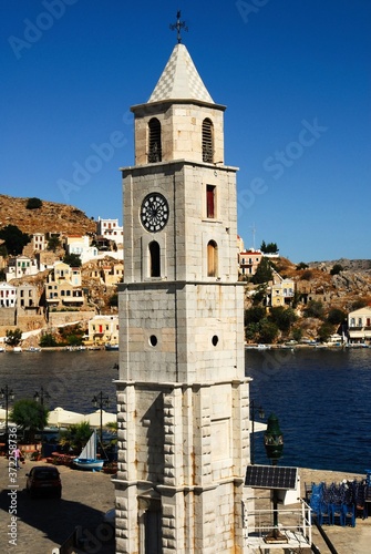 Greece, Symi island, clock tower at the port of Symi, September 28 2008.