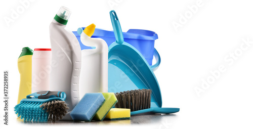 Variety of detergent bottles and chemical cleaning supplies