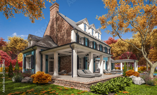 3d rendering of modern cozy classic house in colonial style with garage and pool for sale or rent with beautiful landscaping on background. Clear sunny autumn day with golden leaves anywhere.