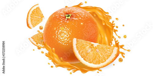 Whole orange and slices in a juice splash.