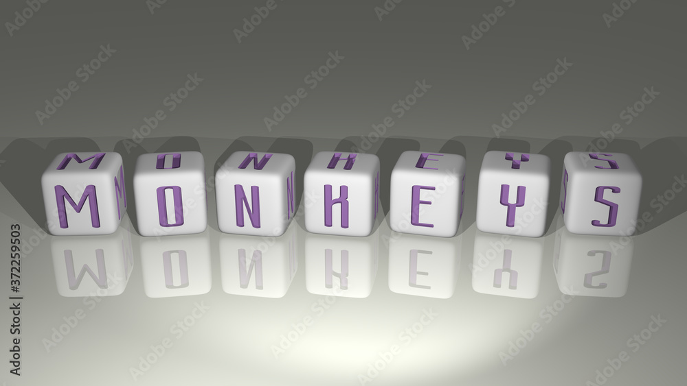 Monkeys built by dice letters and color crossing for the related meanings of the concept by 3D rendering for animal and illustration Monkeys built by dice letters and color crossing for the related meanings of the concept by 3D rendering for animal and illustration