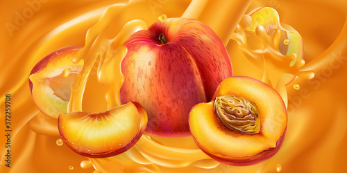 Whole and sliced peaches in fruit juice.