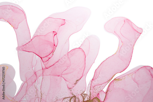Alcohol ink pink abstract background. Floral style watercolor texture. Pink and gold paint stains illustration.