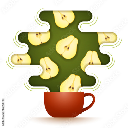 Ceramic cup of hot scented fruity tea with pear slices