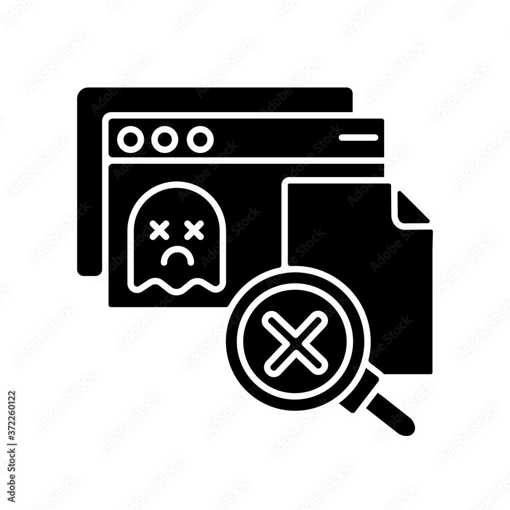 Page not found black glyph icon. 404 error message, problem notification silhouette symbol on white space. Bad web response, HTTP status code, failed website connection. Vector isolated illustration