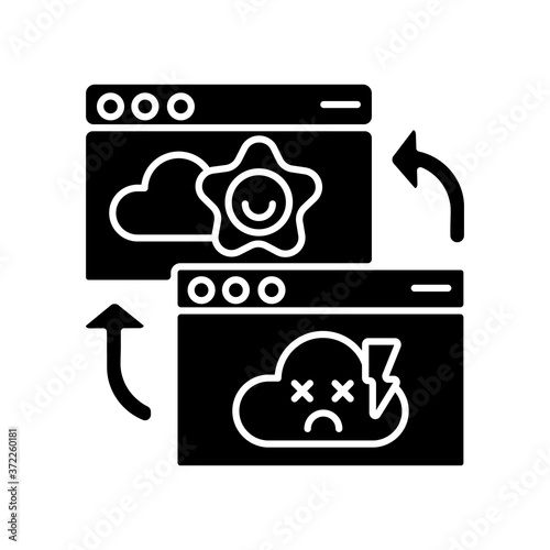 Permanent redirect black glyph icon. Web page access problem, internet warning notification. Website address change, link redirection silhouette symbol on white space. Vector isolated illustration
