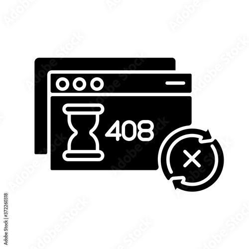 Request timeout black glyph icon. HTTP status code, server connection problem. Client error warning message silhouette symbol on white space. Internet page notification. Vector isolated illustration