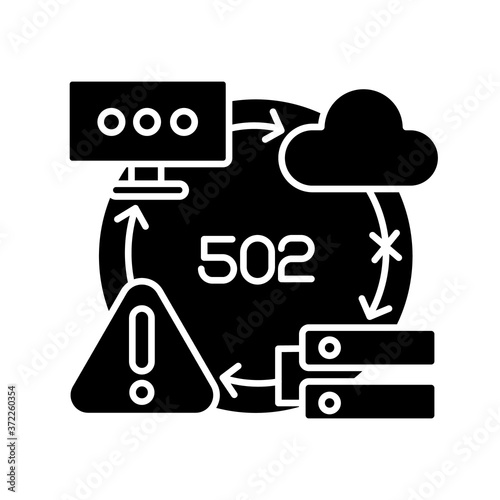 Bad gateway notification black glyph icon. Website access failure. HTTP status code, 502 error message silhouette symbol on white space. Invalid proxy server response. Vector isolated illustration