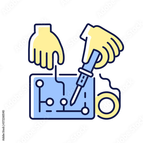 Hobby electronics RGB color icon. Work on engineering project. Circuit in hardware. Technician repair analog controller. Handyman fix motherboard. Assemble technology. Isolated vector illustration