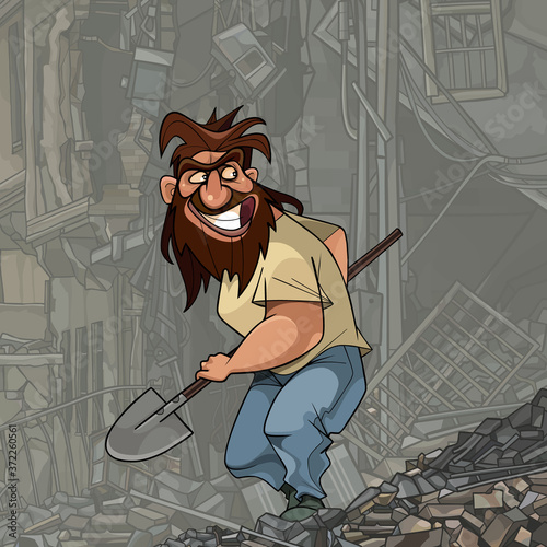 cartoon shaggy bearded man with a shovel in his hand sneaking into the ruins