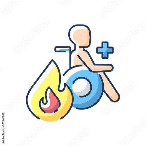 Burn center RGB color icon. Burn unit. Patient with burns treatment and recovery. Skin injury. Medical healthcare. Healing center. Hospital department. Isolated vector illustration
