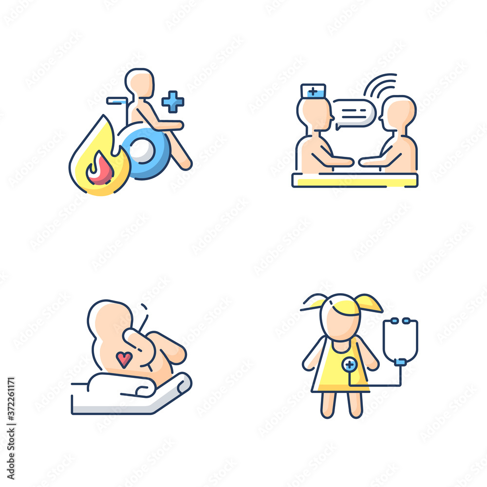 Children and adults health care RGB color icons set. Therapy. Pediatric department. Maternity ward. Psychotherapy. Burn center. Hospital department. Isolated vector illustrations Children and adults health care RGB color icons set. Therapy. Pediatric department. Maternity ward. Psychotherapy. Burn center. Hospital department. Isolated vector illustrations