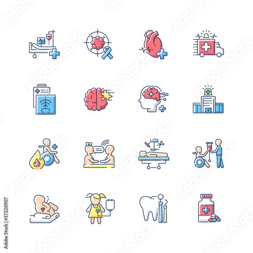 Hospital RGB color icons set. Walk in clinic. Radiology and cardiology department. ICU. Hospital ward. Medical healthcare. Rehabilitation. Hospital department. Isolated vector illustrations