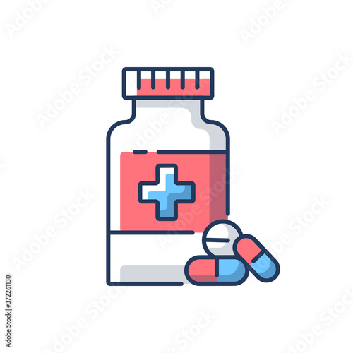Pharmacy RGB color icon. Drugstore. Pharmaceutical industry. Drugs manufacturing. Pills prescription. Medical treatment. Health care. Hospital department. Isolated vector illustration