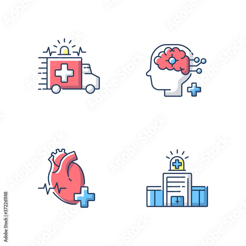 Urgent health care RGB color icons set. Cardiology consultant. Ambulance. Neurological surgery. Urgent care. Walk in clinic. Emergency. Hospital department. Isolated vector illustrations