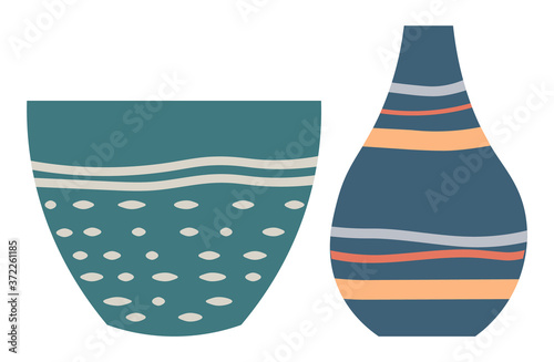Set of striped vase isolated on white. Crockery decorative jar with waves ornament, color pot in flat style design, ceramic flowerpot. Handmade items from clay. Vase for flowers. Vector illustration