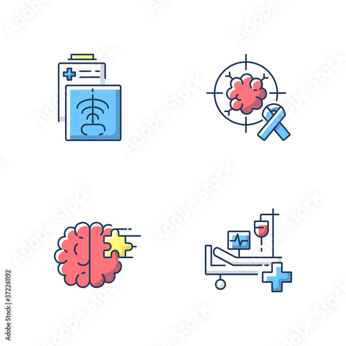 Health care services RGB color icons set. CT scan. Intensive care unit. ICU. Cancer treatment center. X rays radiography. Asylum. Hospital department. Isolated vector illustrations