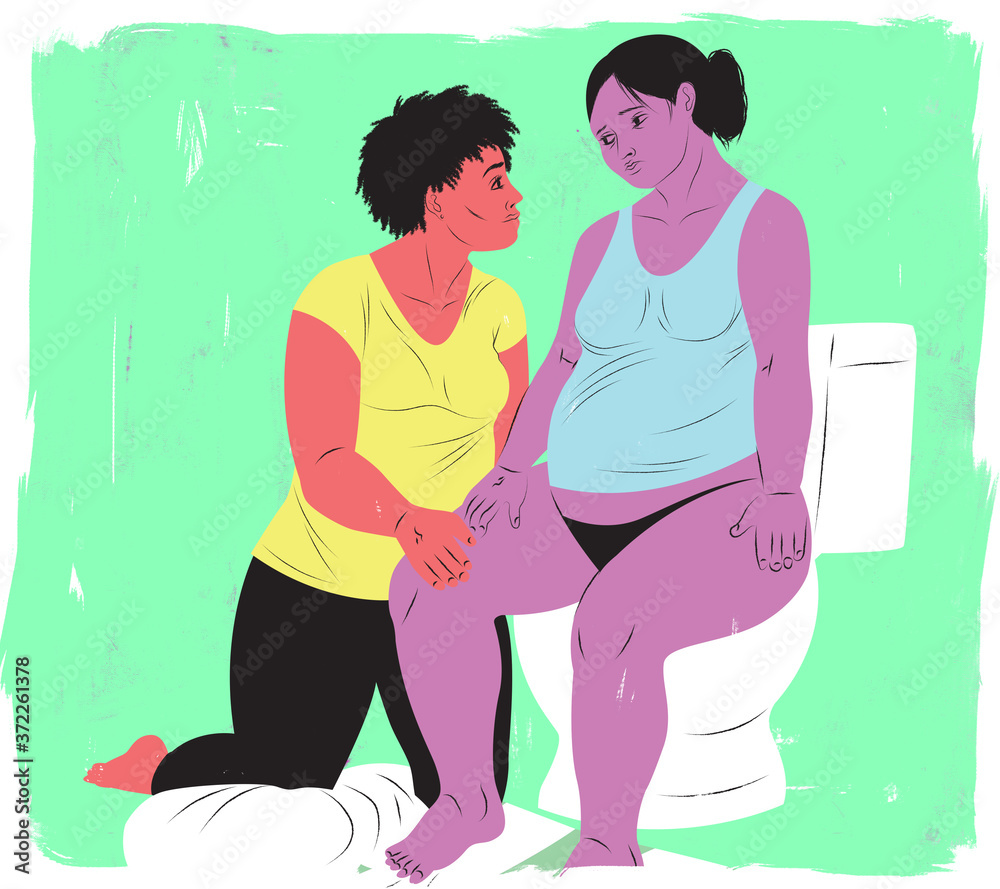 Illustration of a doula assisting a woman in labor on the toilet