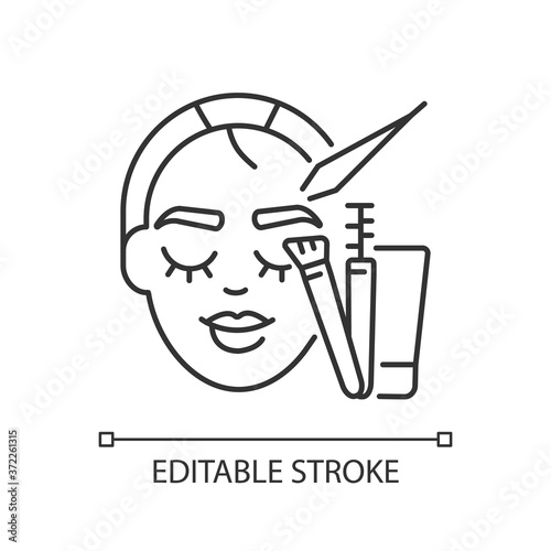 Brow art linear icon. Eyebrow lamination and tinting. Beauty salon. Permanent eyebrows makeup. Thin line customizable illustration. Contour symbol. Vector isolated outline drawing. Editable stroke